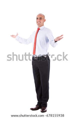 Full shot mature bald man with outstretched hands smiling, guy wearing white shirt and red tie , isolated on white background