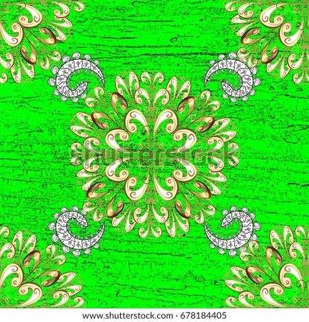 Damask pattern repeating background. Golden floral ornament in baroque style. Antique golden repeatable wallpaper.Golden element on green background.