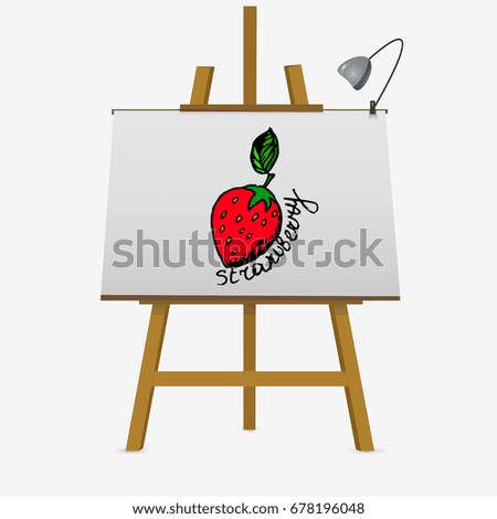 Strawberry cartoon on easel. Hand drawn vector stock illustration