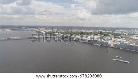 Aerial high altitude photo of St. Petersburg neva with view of dvortsovaya naberezhnaya in summer day