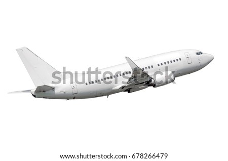 White air plane take off flying isolated Royalty-Free Stock Photo #678266479