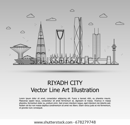 Line Art Vector Illustration of Modern Riyadh City with Skyscrapers. Flat Line Graphic. Typographic Style Banner. The Most Famous Buildings Cityscape on Gray Background.