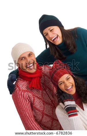 three happy friends having fun isolated