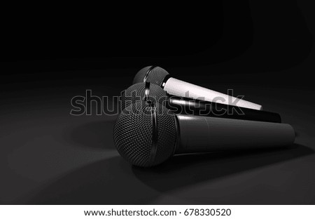 Microphone on dark background. Close up of microphone. Classic microphone. 3D rendering.