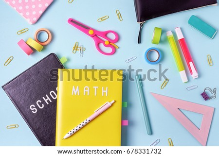 school supplies. pink and blue colors. flat lay composition