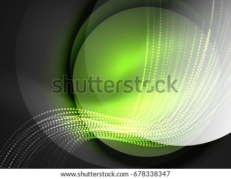 Glowing wave created with particles on dark color background. Vector digital techno illustration