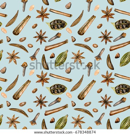 Seamless pattern with watercolor spices (cinnamon, anise, caraway, cardamom and cloves), hand drawn isolated on a blue background