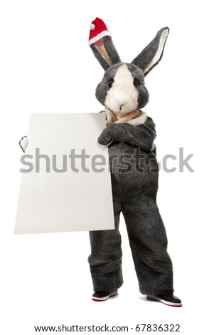 Funny rabbit with blank sheet of paper and place for your text on black background