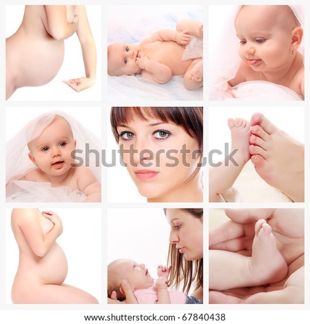 Collage on the theme motherhood. Young woman with newborn baby.