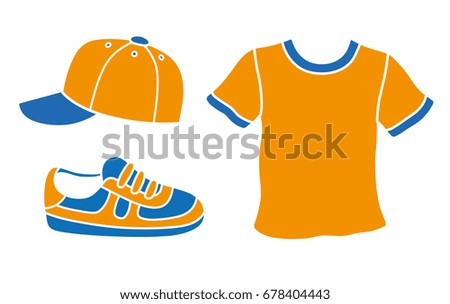 Baseball cap, sneaker, t-shirt vector icons