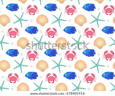 Marine seamless pattern, cartoon style. Underwater world, sea life  infinite background. Starfish, shell, fishes repeating texture. Vector illustration
