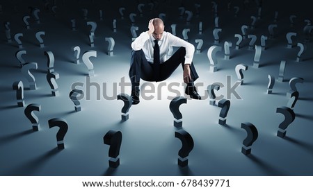 Businessman with many question marks. Concept of failure and problem Royalty-Free Stock Photo #678439771