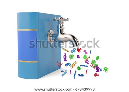 Knowledge concept with water faucet on the old book isolated on white background 3d illustration.