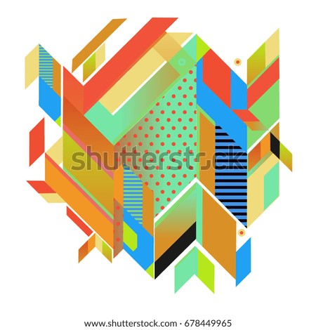 Trendy geometrical vector illustration with elements and abstract colorful textures. Design for summer holiday poster, card, brochure, and promotion template. Fashion art print and background.