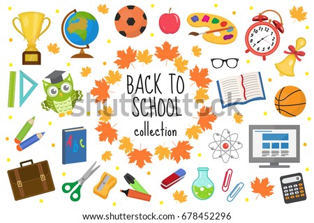 Back to school icon set, flat, cartoon style. Education collection of design elements with stationery, pencil, pen, eraser, globe. Isolated on white background. Vector illustration, clip-art