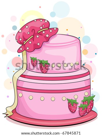 Illustration of a Strawberry Cake with a Baby Bonnet on Top