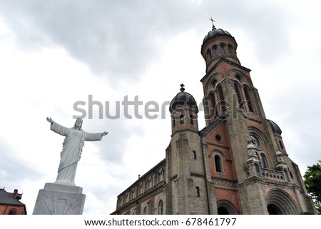 Jeondong Catholic Church and Statue of Jesus Christ in Jeonju, South Korea
