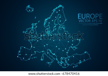 Map of Europe Point scales on dark background with Map World. Wire frame 3D mesh polygonal network line, design sphere, dot and structure. Vector illustration eps 10. Royalty-Free Stock Photo #678470416