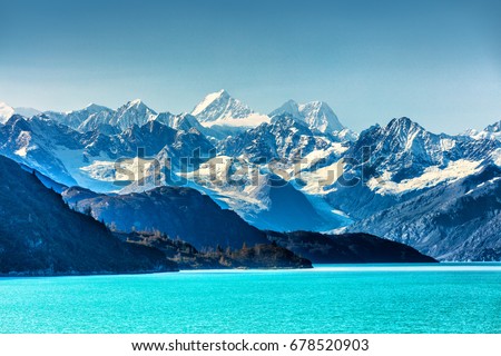 Alaska nature landscape view from cruise travel in Glacier Bay Alaska, United States, USA destination. Royalty-Free Stock Photo #678520903