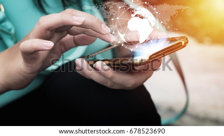 Network global world map internet networking people concept, Hand women with smartphone mobile online social network Royalty-Free Stock Photo #678523690