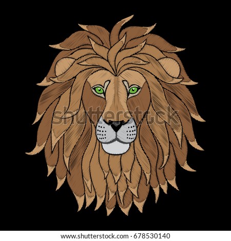 Embroidery Lion colorful head. Needlework print of animal sign on black background.