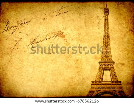 Vintage grunge background with old paper texture and Eiffel Tower - famous landmark of Paris