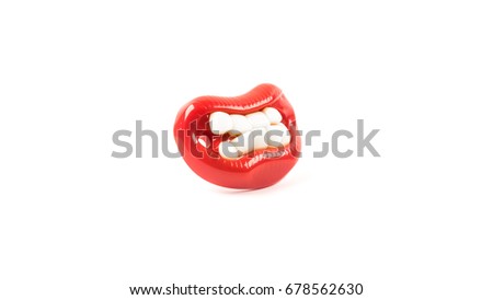Facial expression of mouth with red lips and white teeth. Concept of feelings and emotions. Isolated on white background.
