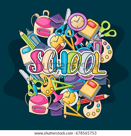 School elements clip art doodle in cartoon style for greeting card. Hand draw vector illustration for banner or flyer. Typography text