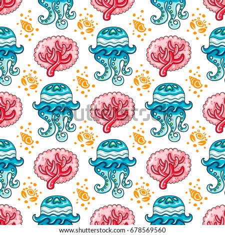 Vector nautical pattern. Seamless texture with hand drawn doodle sea objects: coral branch, decorative jellyfish, seashells, and silhouette crab. Vector nautical background, Sea vacation collection