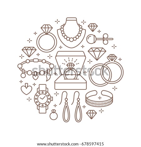 Jewelry shop, diamond accessories banner illustration. Vector line icon of jewels - gold watches, engagement rings, gem earrings, silver necklaces, charms, brilliants. Fashion store circle template. Royalty-Free Stock Photo #678597415