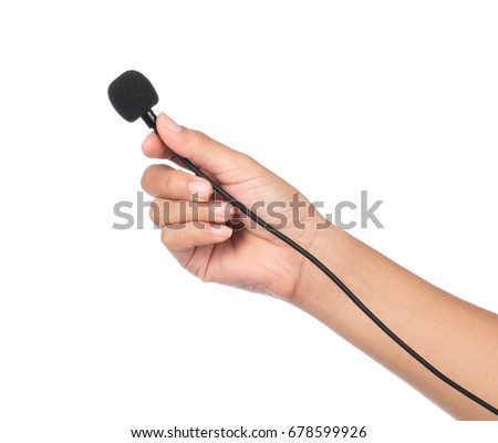 hand holding Microphone lapel or lavalier isolated on white background
