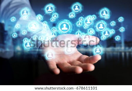 Businessman on blurred background using social network interface 3D rendering