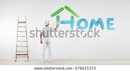 painter man with paint brush painting home text word isolated on blank white wall background, ecology concept