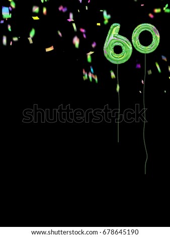 Celebratory age background. Sixty years old. Party style background with multicolour balloons and confetti.