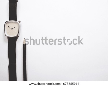 This is office equipment in minimal style, The picture of pen, glasses and watch on white background. soft tone color,  minimal style
