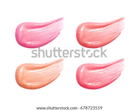 Set of different lip glosses smear samples isolated on white. Smudged makeup product sample. Royalty-Free Stock Photo #678723559