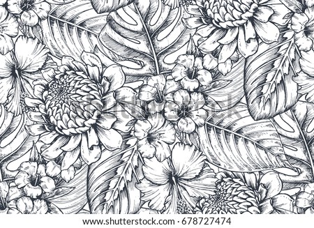 Vector seamless pattern with compositions of hand drawn tropical flowers, palm leaves, jungle plants, paradise bouquet. Beautiful black and white sketched floral endless background.