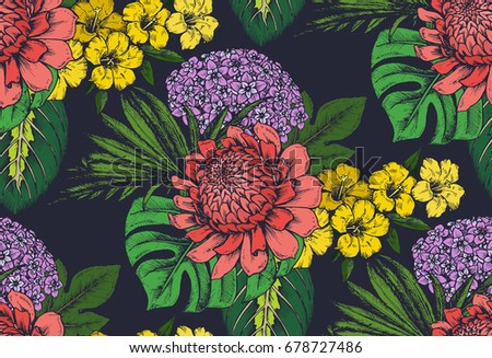 Vector seamless pattern with compositions of hand drawn tropical flowers, palm leaves, jungle plants, paradise bouquet. Beautiful colorful floral endless background
