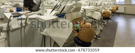 Modern classroom with dentistry anatomical models for students to practice on new medical university