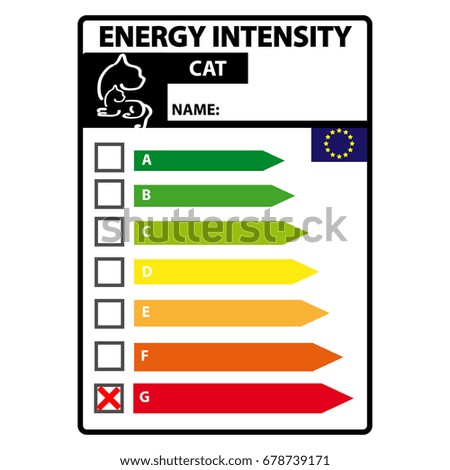 Funny energy efficience label for cat isolated on white background. Vector illustartion.
