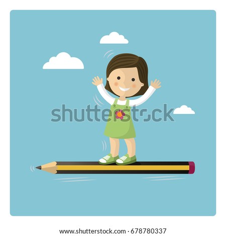 Girl flying in a pencil through the sky