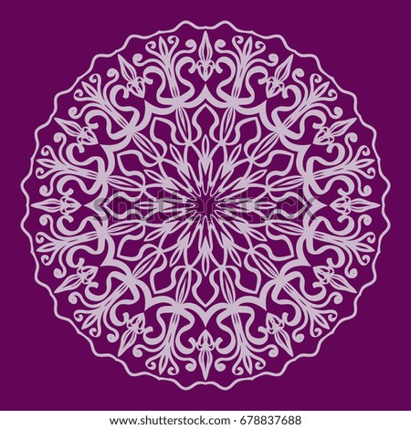 purple color Round Ethnic Pattern. Mandala Ornament. Lacy flower Snowflake. vector illustration