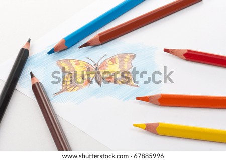 Triangular color pencils with hand-drawn butterfly
