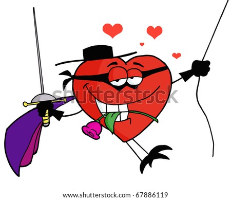 Masked Heart Character Swinging On A Rope And Biting A Rose While Holding A Sword