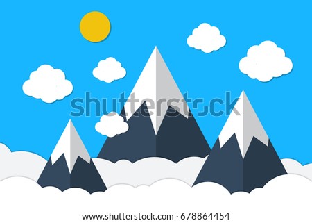 Blue mountains and sky clouds background. Vector illustration in paper art style
