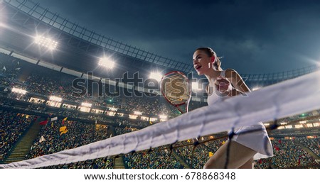 Female tennis player in action during game on the professional stadium full of people. The stadium is made in 3D with crowd.
