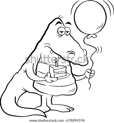 Black and white illustration of an alligator holding a piece of cake and a balloon.
