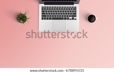 Minimal workspace with Laptop, coffee cup and smartphone copy space on color background. Top view. Flat lay style.