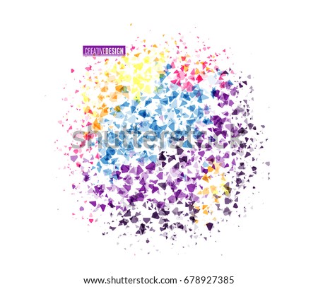 Vector illustration of dynamic creative abstract background in round shape. Retro vivid geometric design with triangle particle texture