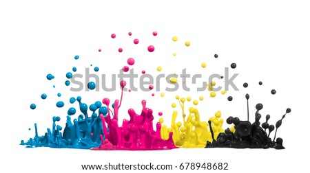 color drops of paint or ink in CMYK cyan magenta yellow black splash Royalty-Free Stock Photo #678948682